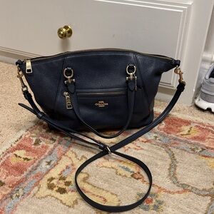 Coach Dark Blue Leather Shoulder Bag with Gold Accents